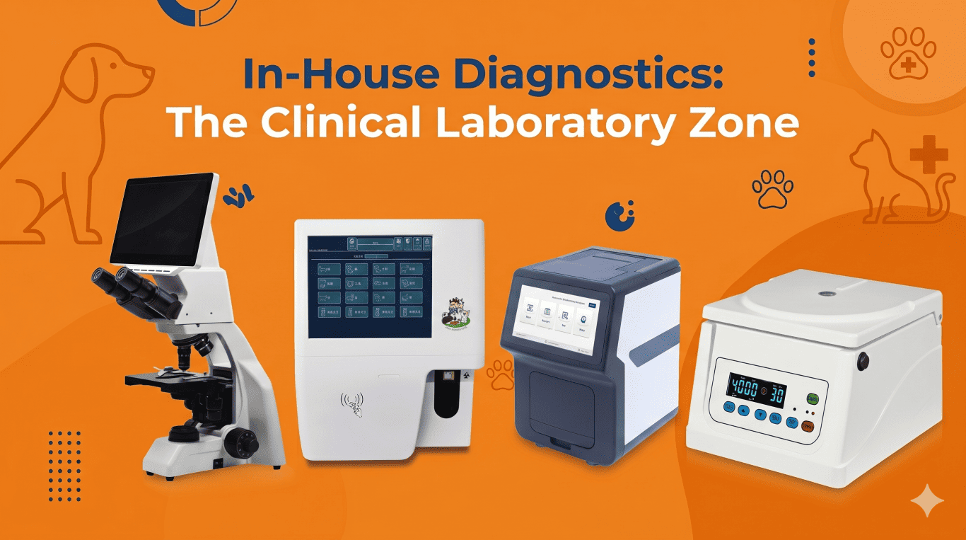 In-house clinical laboratory equipment including veterinary microscope, hematology analyzer, biochemistry unit, and centrifuge.