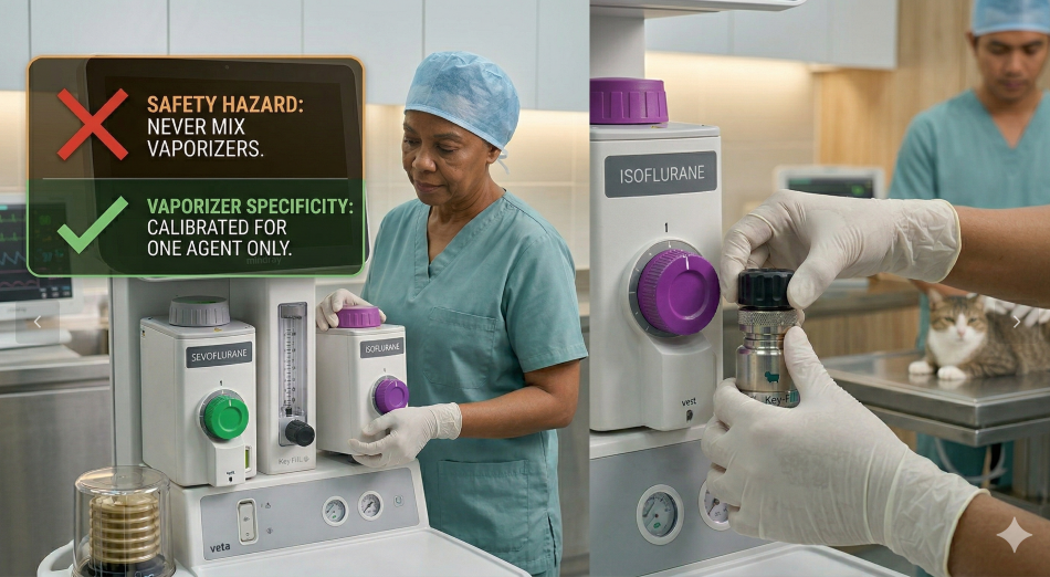 A professional veterinary anesthesia machine showing an Isoflurane and Sevoflurane vaporizer side-by-side.