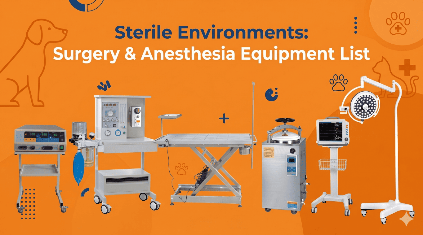 Veterinary surgery and anesthesia equipment list showcasing anesthesia machine, monitor, surgery table, and autoclave.