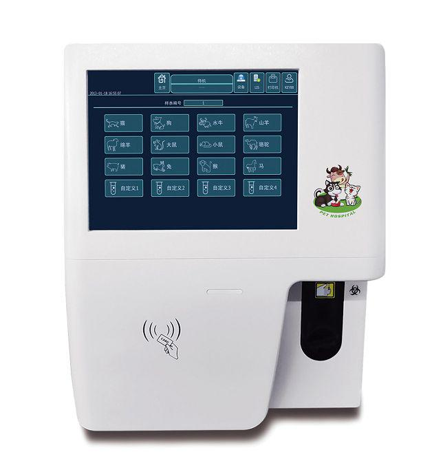 Automated veterinary hematology analyzer with touchscreen species selection for rapid in-house CBC blood tests.