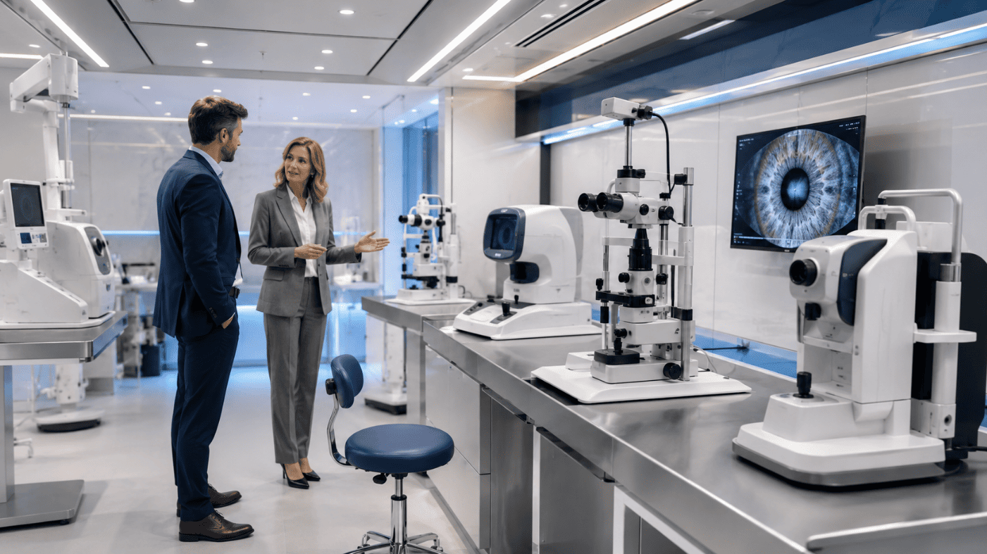 Showroom of human-grade ophthalmic diagnostic devices and operating microscopes used for advanced veterinary eye care.