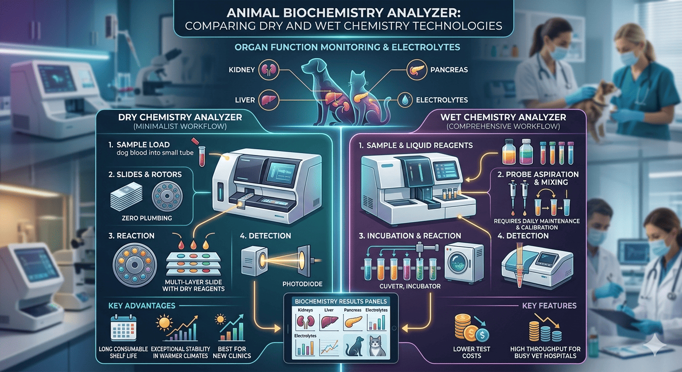Infographic comparing dry and wet veterinary biochemistry solutions.
