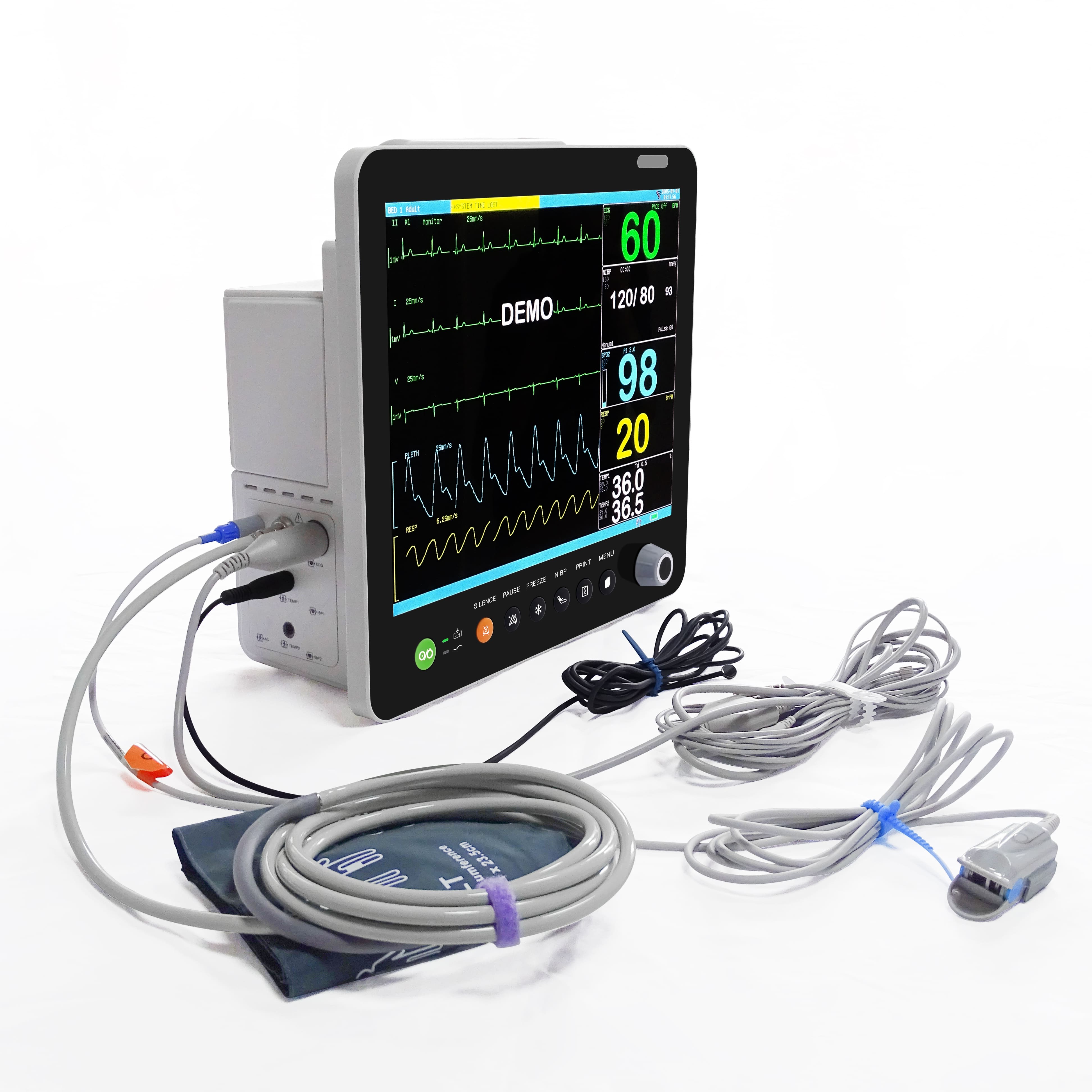 Multi-parameter veterinary patient monitor with SpO2, ECG, and NIBP sensors for animal surgical monitoring.