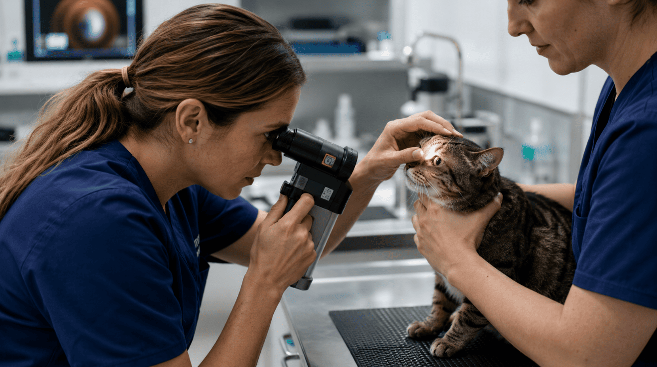 Veterinarian using a portable veterinary slit lamp to perform a detailed anterior chamber eye exam on a cat.