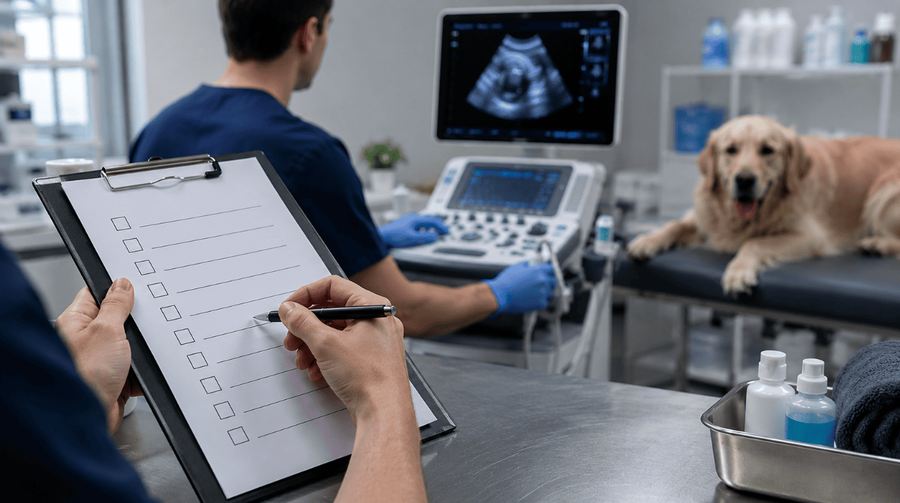 A vet clinic worker fills out a troubleshooting checklist next to a veterinary ultrasound machine with a dog in the clinic.