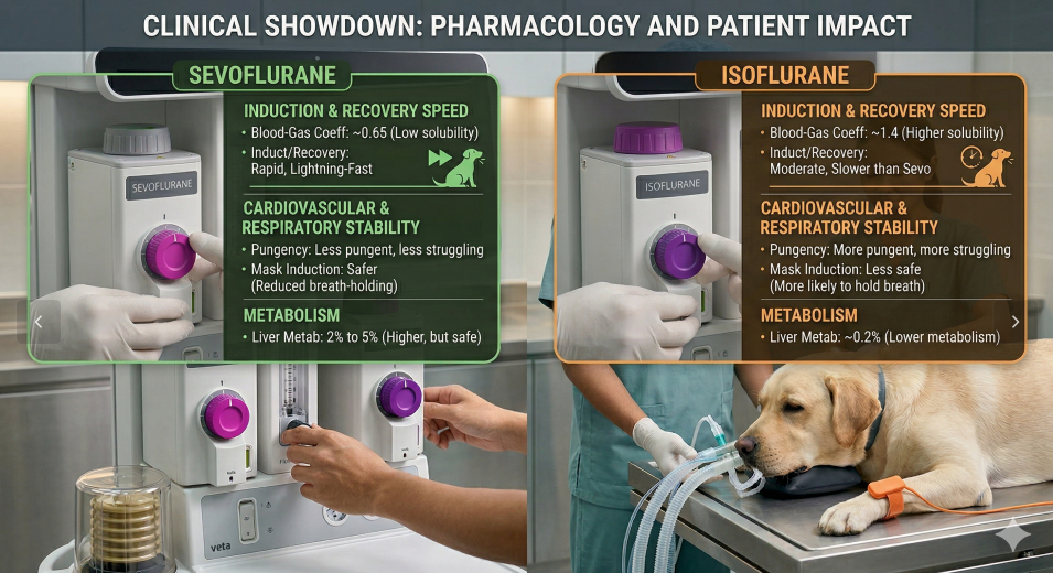 Infographic comparing Sevoflurane and Isoflurane for veterinary anesthesia, highlighting induction speed, cardiovascular stability, and liver metabolism rates for clinic safety.