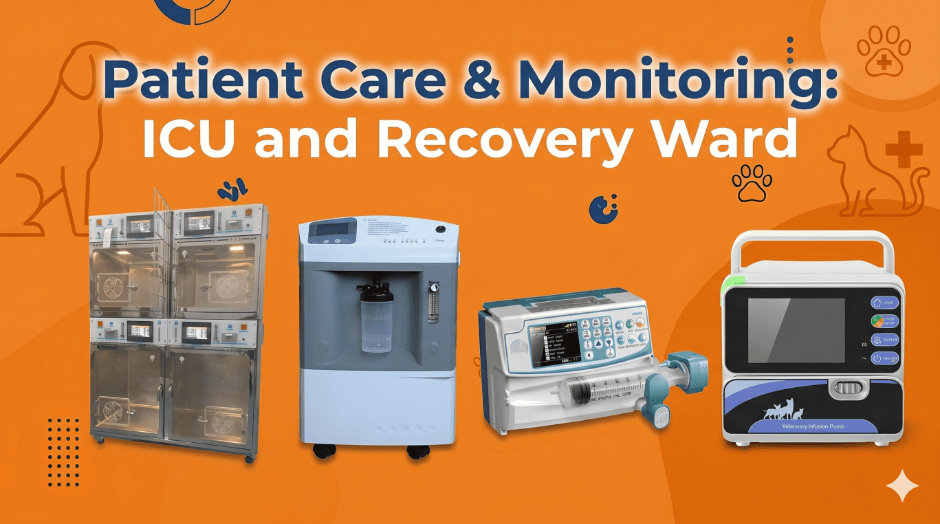 Veterinary clinic setup for ICU ward recovery including stainless steel ICU cages, oxygen concentrator, and infusion pumps.
