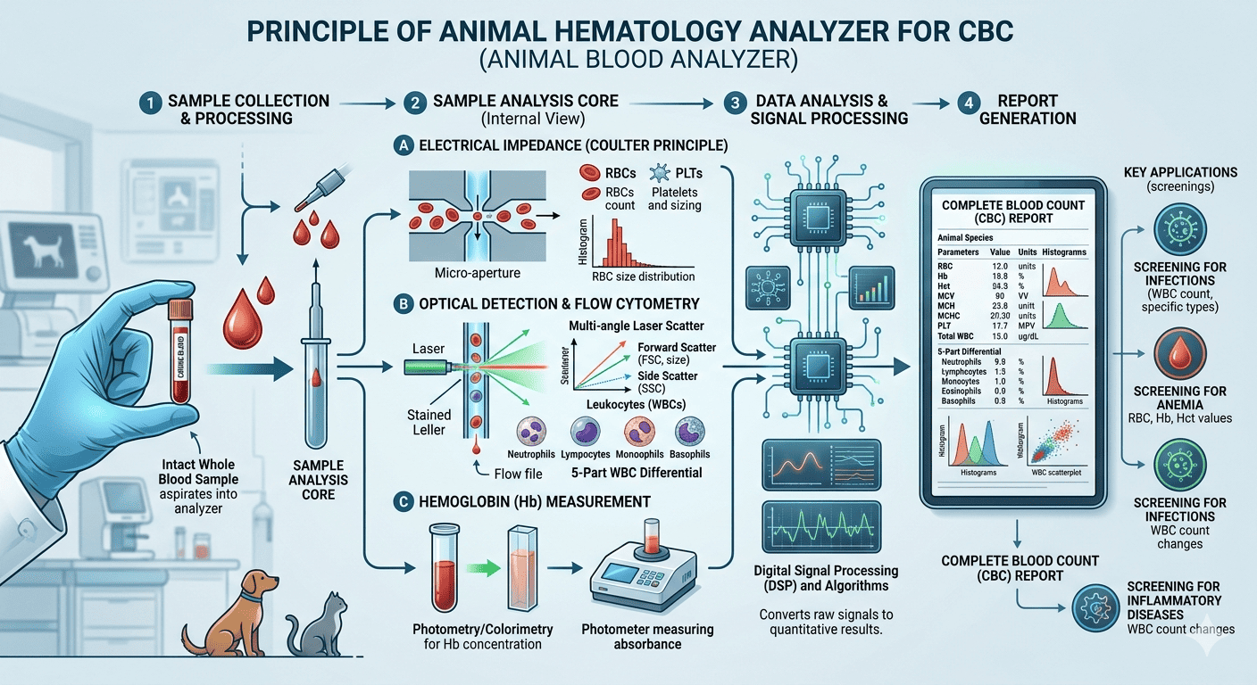 Infographic explaining the working principle of a veterinary animal blood analyzer for CBC testing.