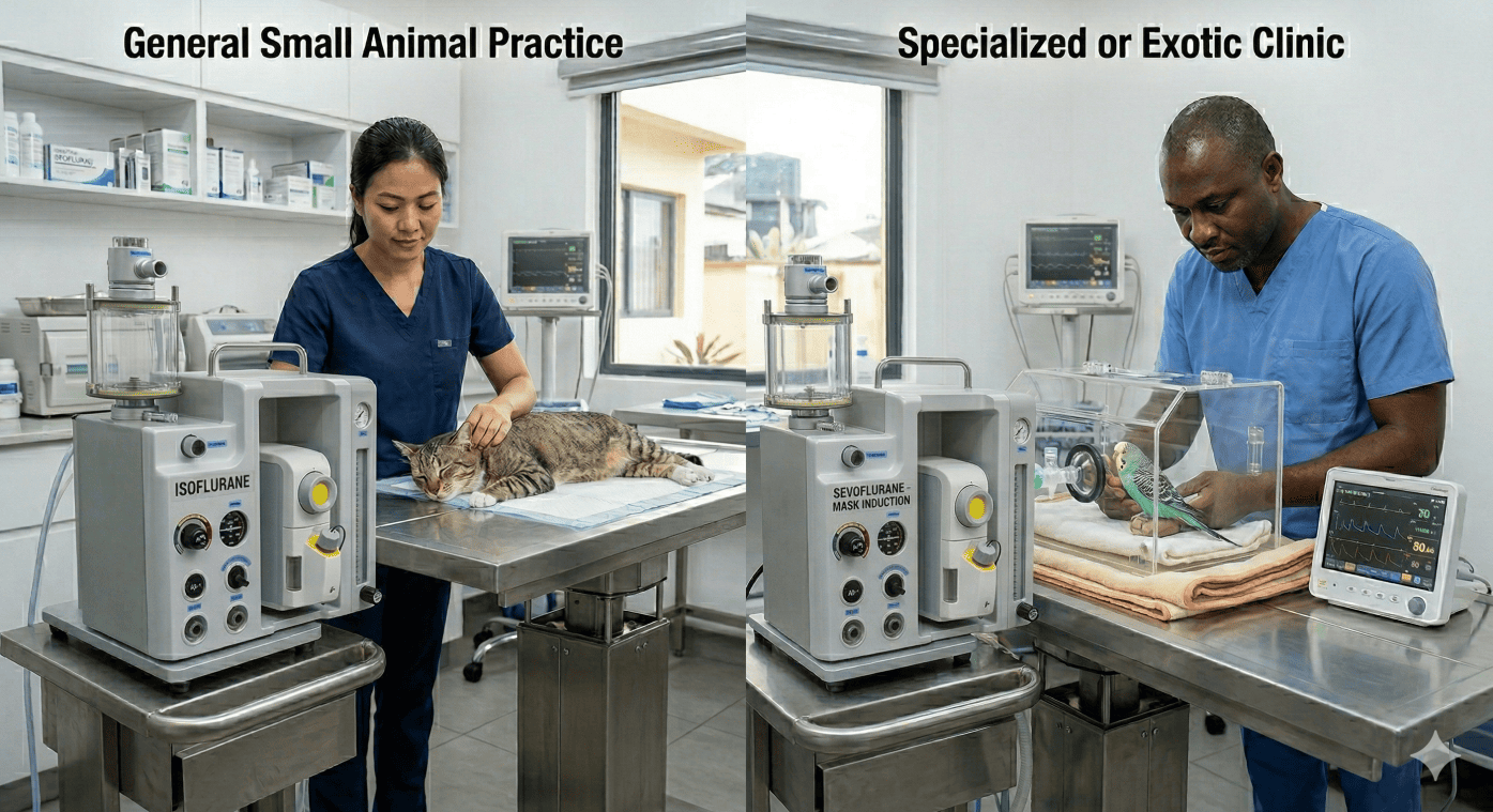 Comparison of Isoflurane for cat clinics and Sevoflurane for exotic bird anesthesia machines.