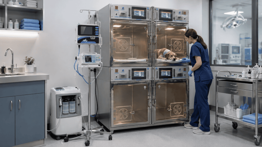 Veterinary recovery ward featuring intensive care ICU cages, an oxygen concentrator, and infusion pumps for a dog.