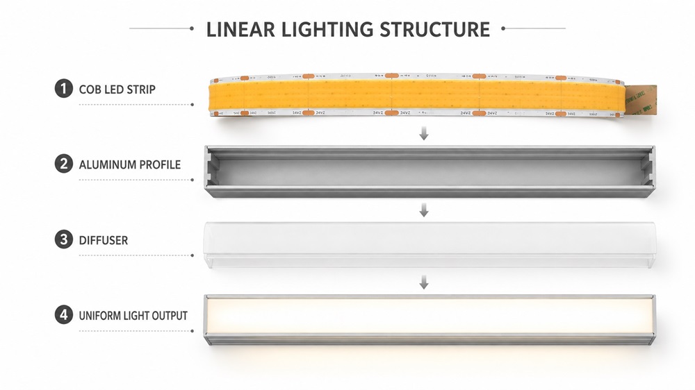 COB LED Strip Structure in Linear Fixtures