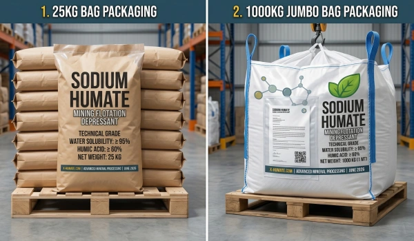 Industrial packaging options for sodium humate mining flotation depressant, featuring 25kg Kraft paper bags and 1000kg jumbo bulk bags with English shipping marks on wooden pallets.