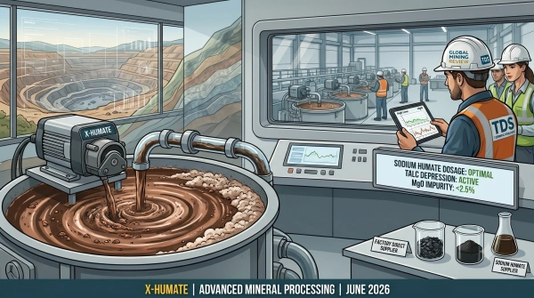 Flotation control room scene showing sodium humate dosage system for suppressing talc and lowering MgO impurities during mineral processing.