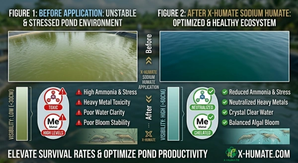 X-Humate Sodium Humate aquaculture water quality improvement before and after comparison: reduced ammonia and heavy metal chelation in shrimp ponds.