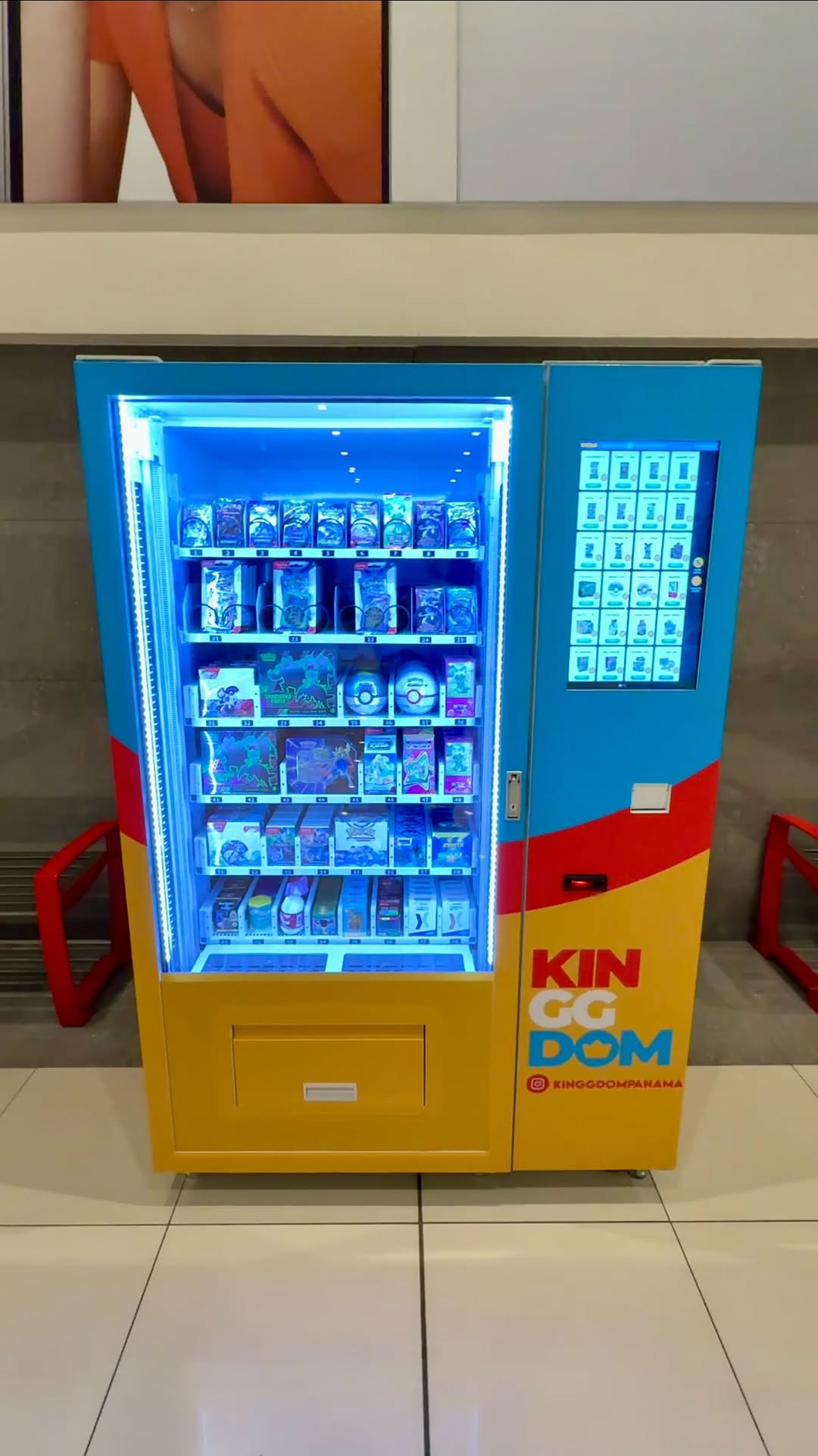 21.5-inch pokemon vending machine with elevator selling Pokémon TCG cards and toys in a Panama shopping mall