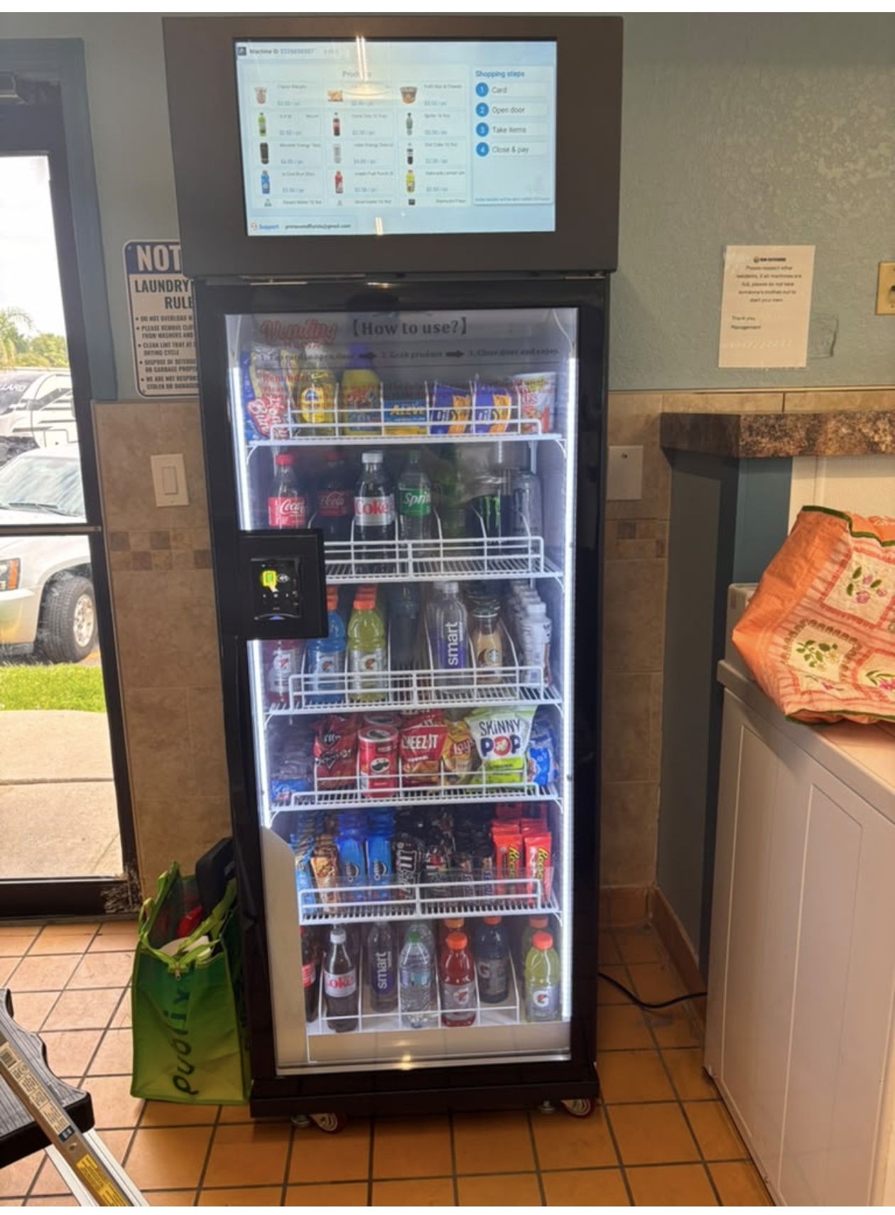 AI vending machine selling snacks and drinks outside a supermarket in the USA