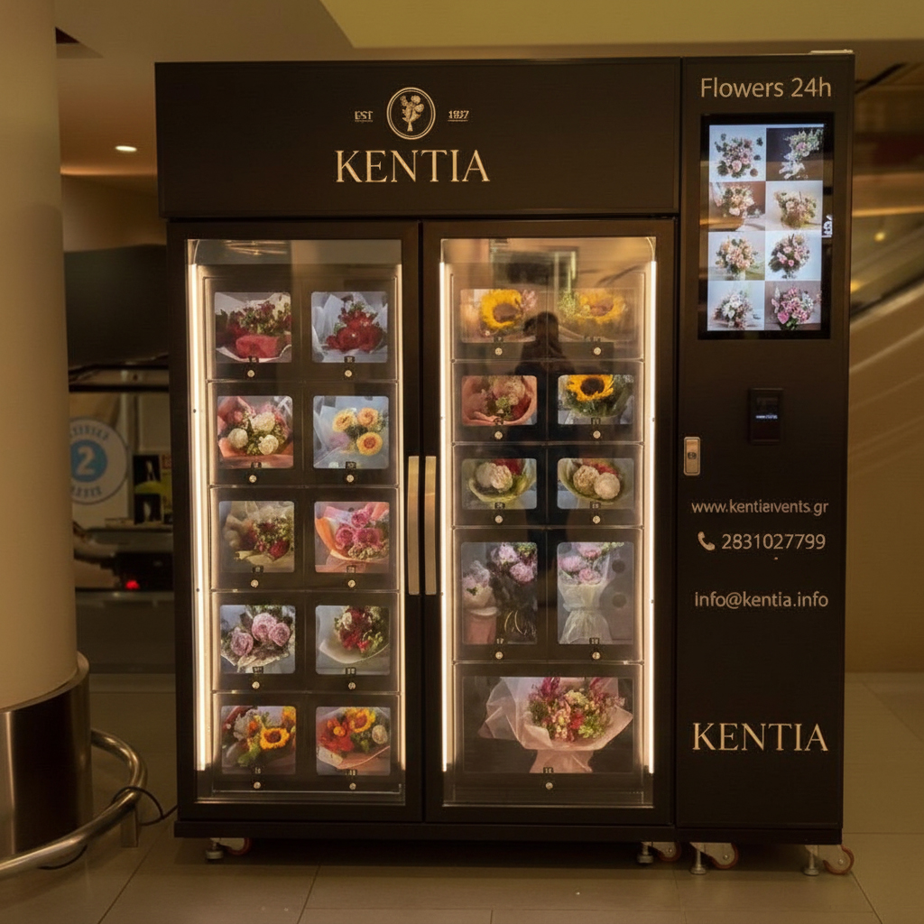 A Greece customer place a locker vending machine in shopping mall to sell bouquets.