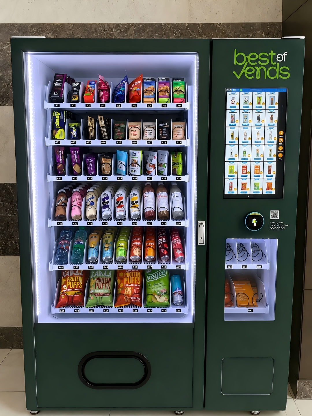 UAE snack vending machine with refrigerated and ambient zones selling snacks and drinks