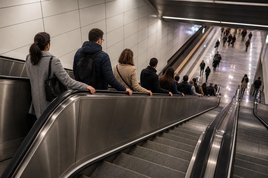 Escalator handrail running along both balustrades in a busy metro station