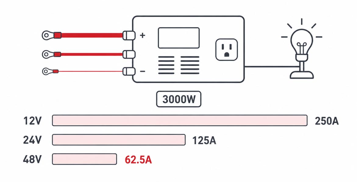 Same power at 12V 24V 48V: DC current comparison