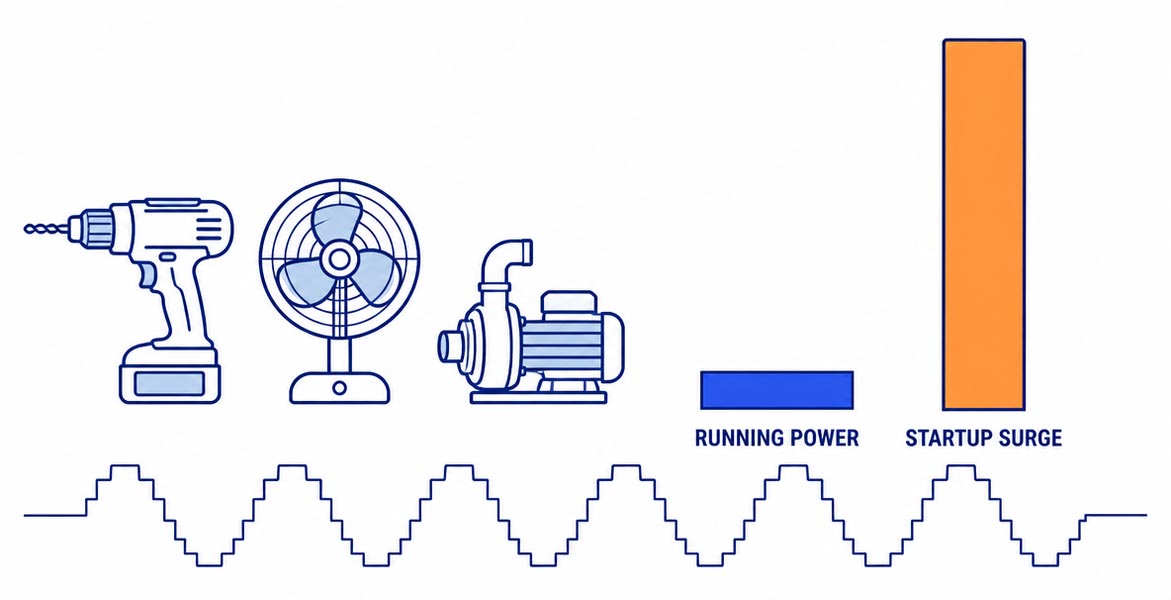 Running power versus startup surge for motor loads