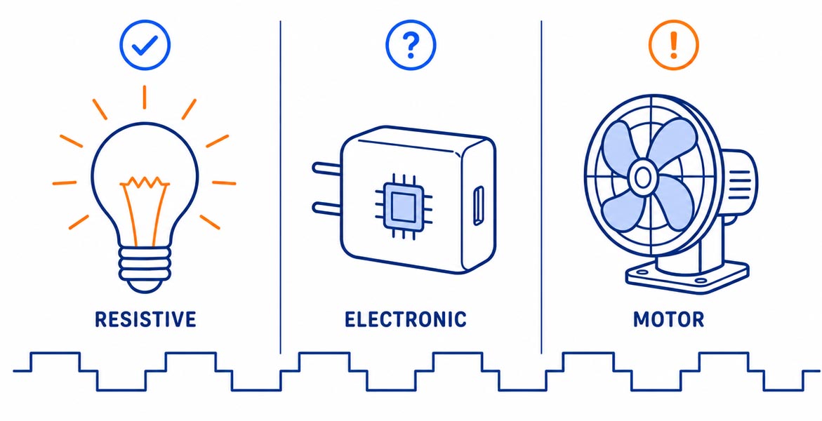 Three load types: resistive, electronic and motor