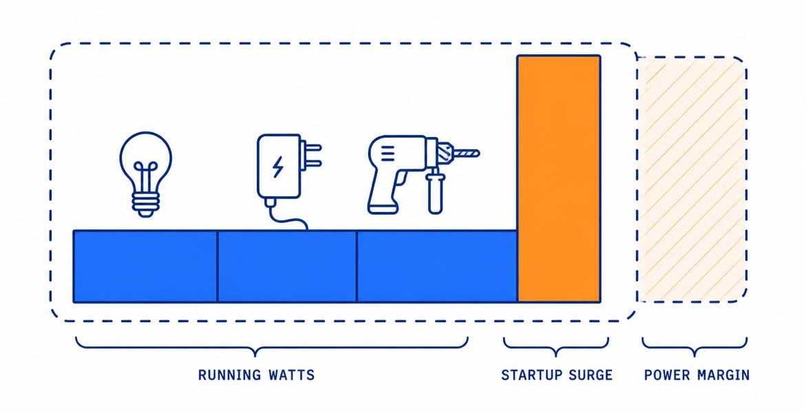 Sizing: running watts, startup surge and power margin