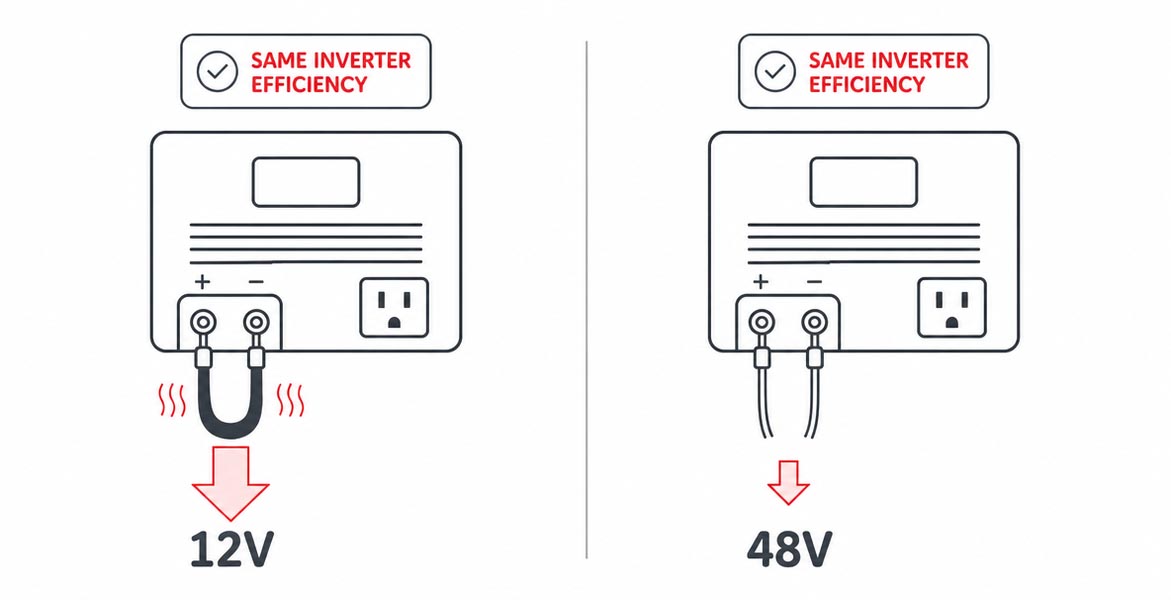 Higher voltage reduces system loss, not inverter efficiency