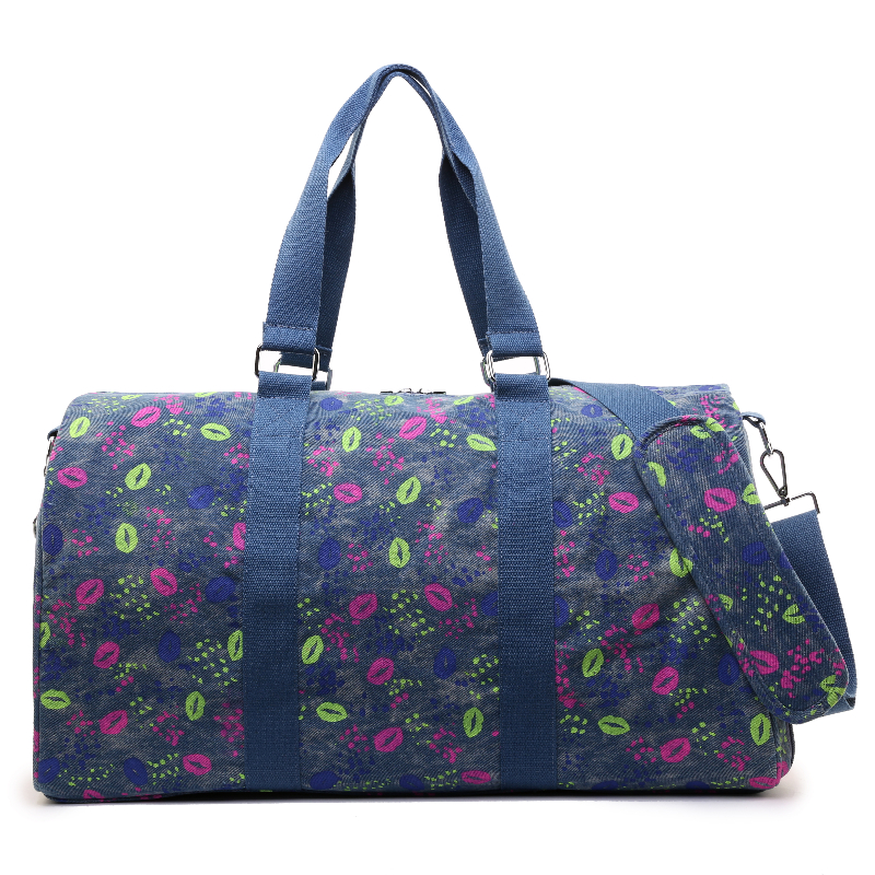 Printed denim duffel bag with handle