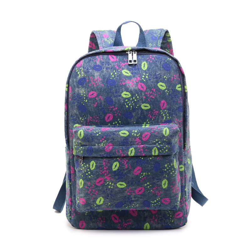 Printed denim school bag with kiss printing