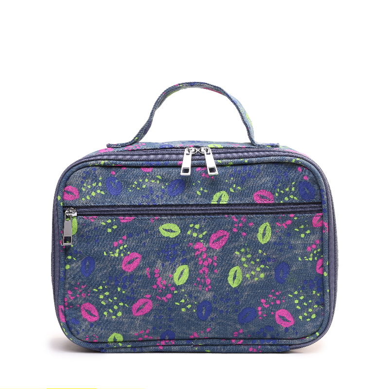 Printed denim cosmetic clutch