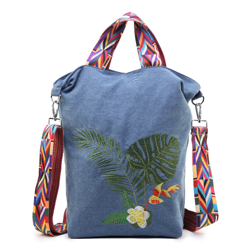 Embroidered denim vertical tote bag