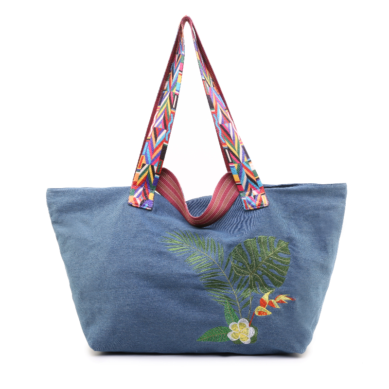 Embroidered denim tote bag flower