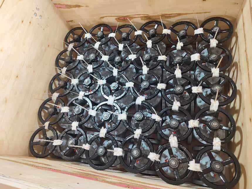The box is packed with valves ready for shipment.