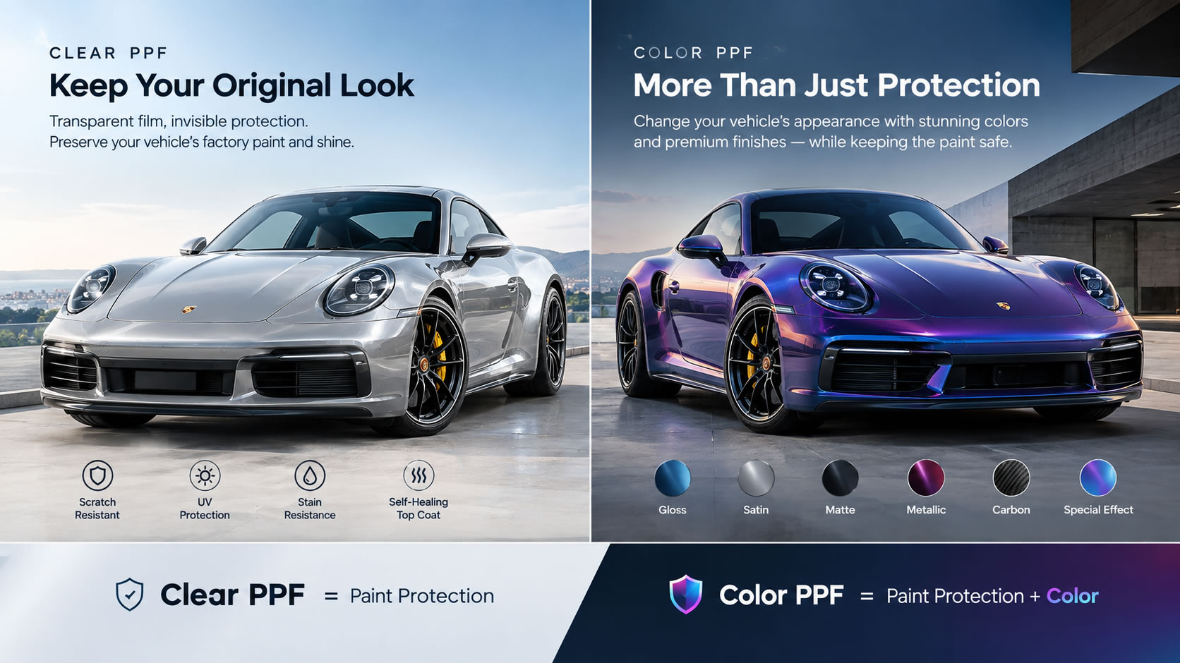 Clear PPF vs Color PPF: paint protection and color customization for sports cars