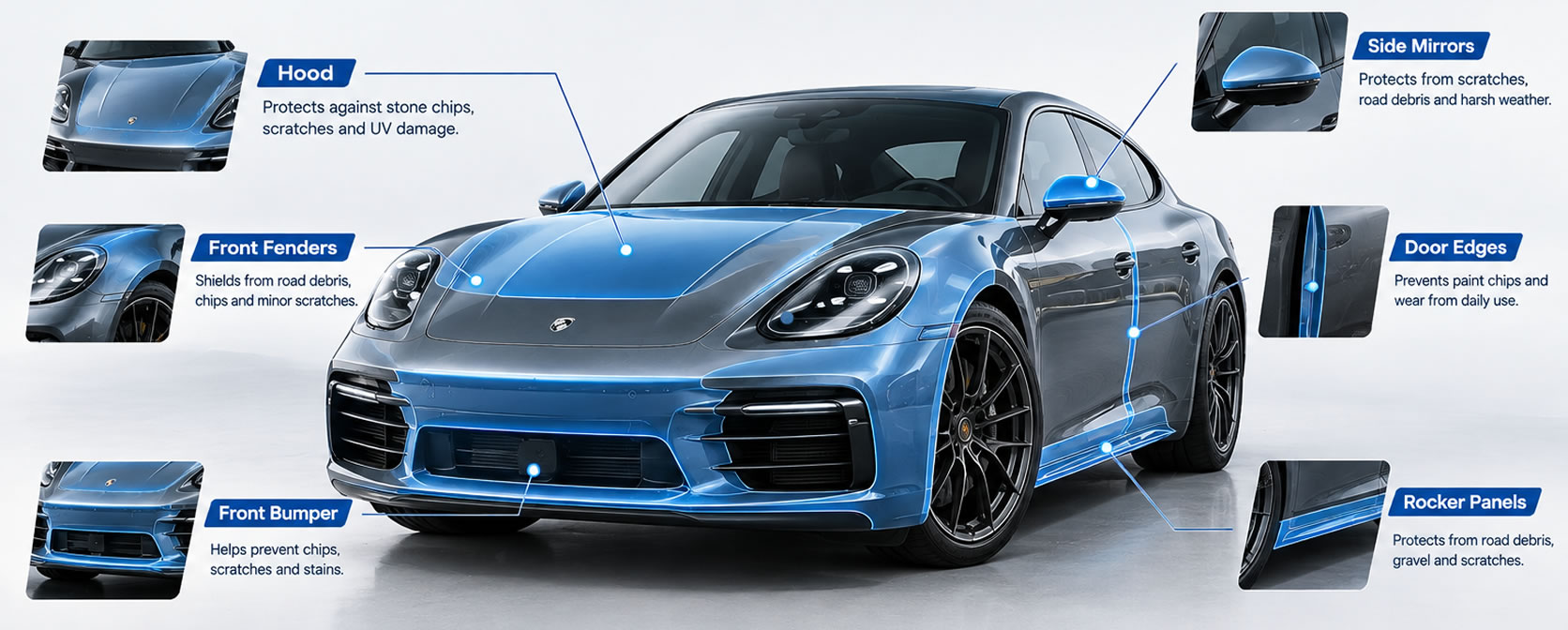 PPF application areas on a car, including hood, front bumper, fenders, side mirrors, rocker panels and door edges