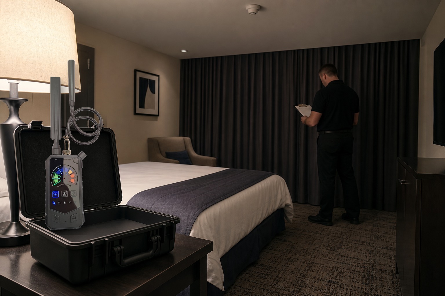 Real EL-DE012 prepared for a 940 nm night-vision camera check in an authorized darkened hotel room
