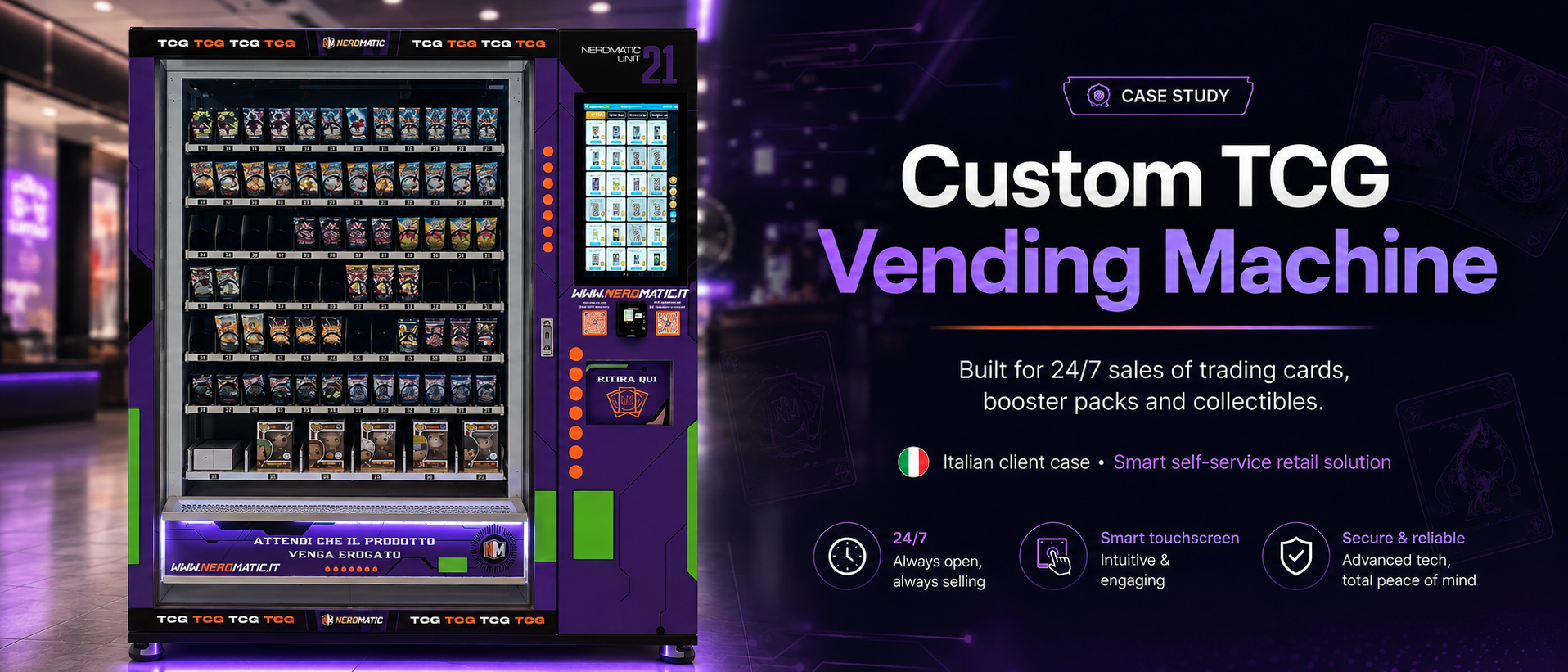 WEIMI custom TCG vending machine produced for an Italian client, featuring a purple trading card vending machine with touchscreen display, collectible card products, and 24/7 self-service retail promotion.