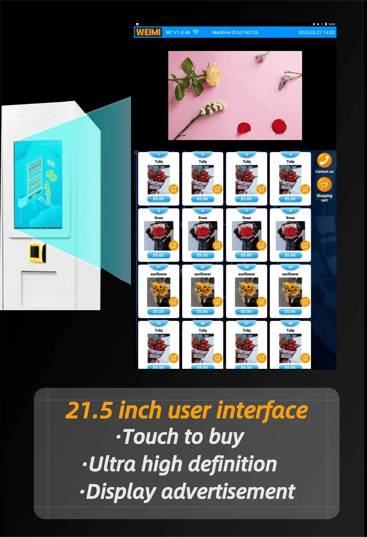 Micron flower vending machine 22-inch touchscreen interface provides a user-friendly and intuitive shopping experience
