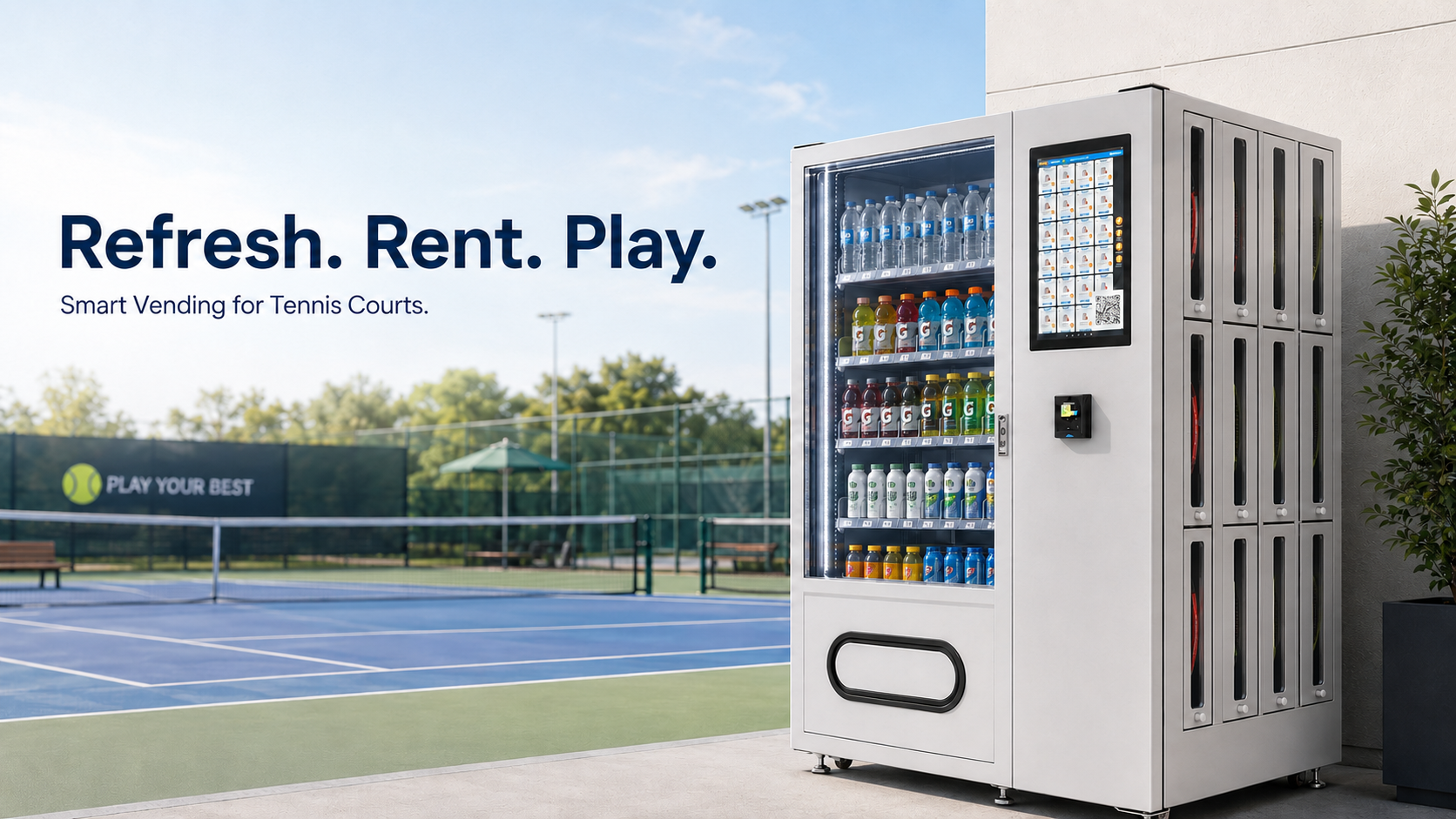 Smart tennis court vending machine with sports drink vending and tennis racket rental lockers installed beside an outdoor tennis court.
