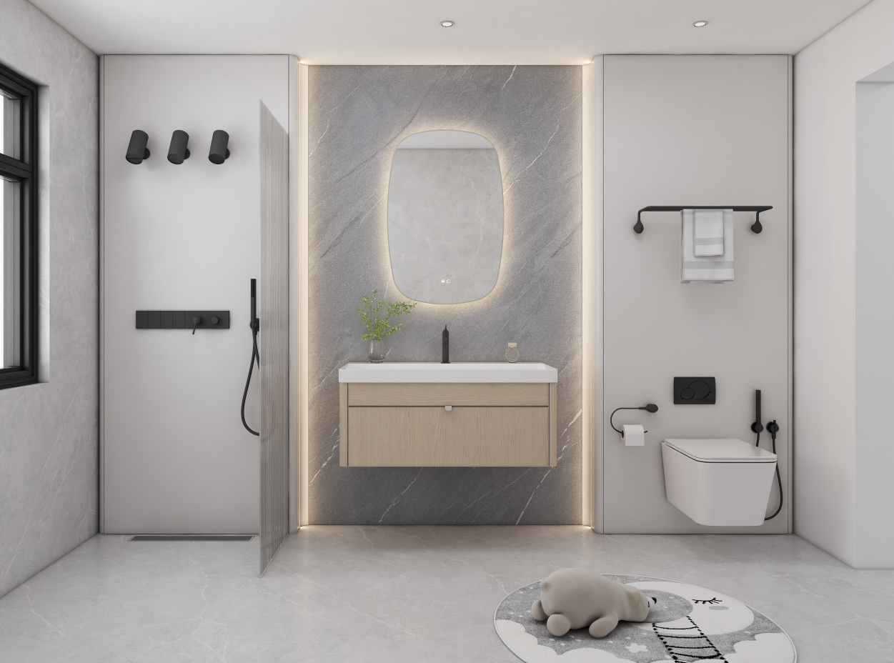 A mood board on a tablet showing a cohesive bathroom style with images of a vanity basin, tap, and bath alongside paint and tile samples.