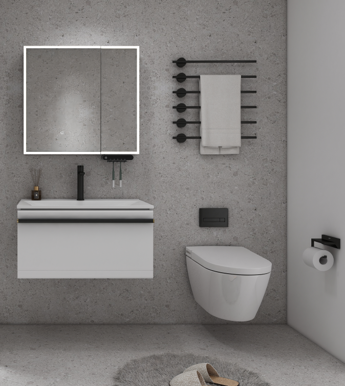 wall mounted bathroom fittings and bathroom shelf storage beside a modern vanity