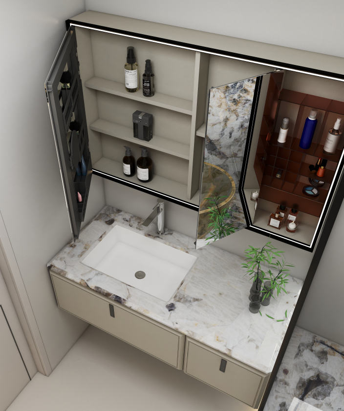 A streamlined, recessed medicine cabinet with mirror providing ample storage in a small bathroom.