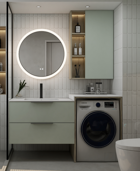 custom bathroom vanity with integrated storage design