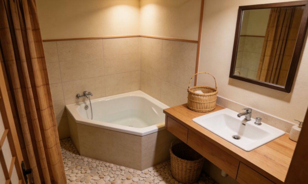 Corner bath tub designed to maximize space in a small bathroom layout