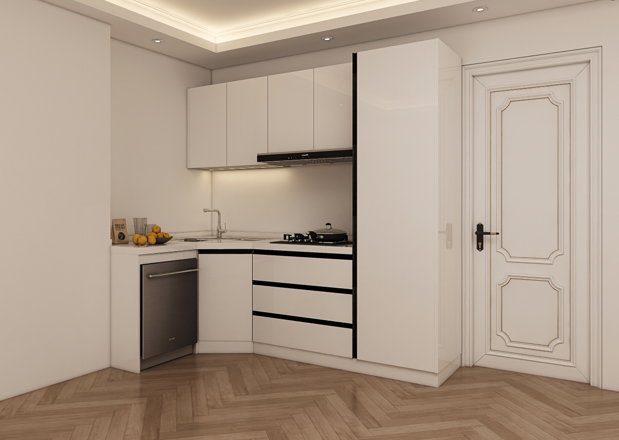 Warm and inviting kitchen featuring cream colored kitchen cabinets paired with hardwood floors and brass hardware.