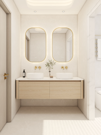 custom bathroom vanity matched with shower enclosure and bathroom accessories