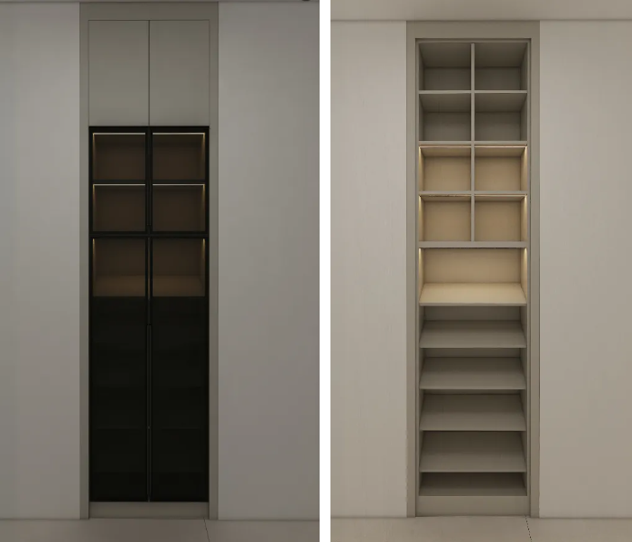 The cabinet was designed with multiple compartments and adjustable shelves to accommodate different shoe sizes and styles. It also included a hidden storage area for shoe care products, making it a highly functional and organized solution for the entryway.