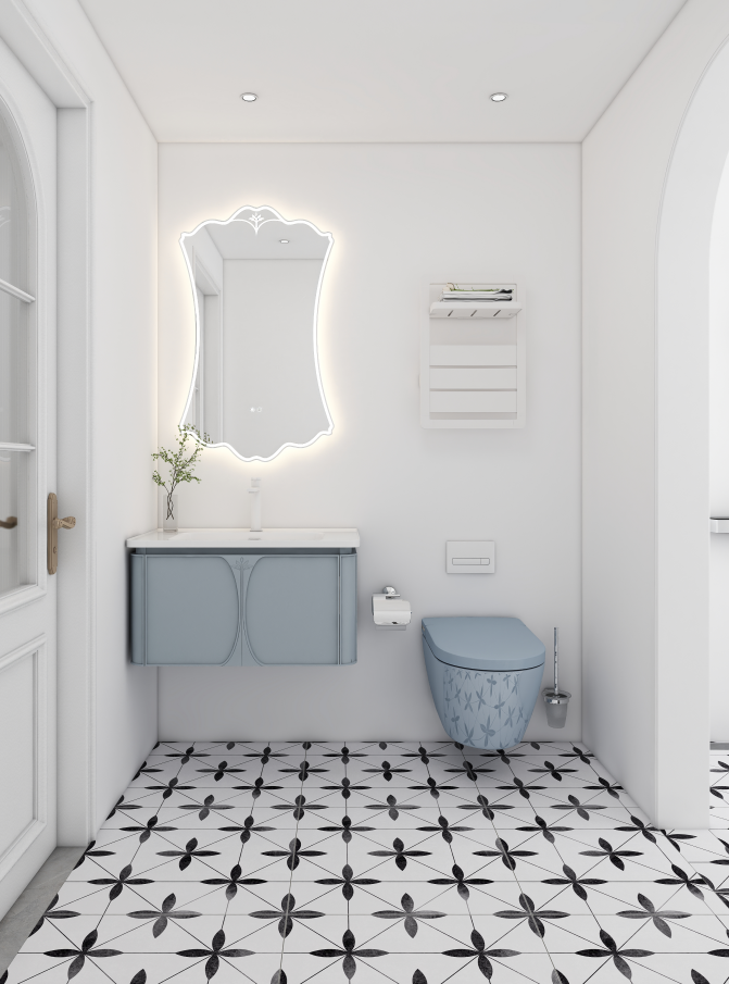 Light hues and glossy finishes can make a small bathroom feel brighter and more spacious. A modern bathroom vanity in white, light gray, or soft pastels reflects light, while mirrored cabinet doors add depth and double as storage for toiletries.
