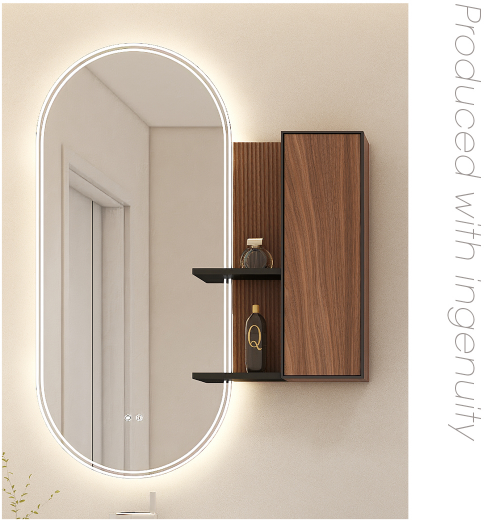 The wide LED mirror outlines the contour with soft light. The pattern of the mirror frame echoes the shape of the handle, hiding the design ingenuity.